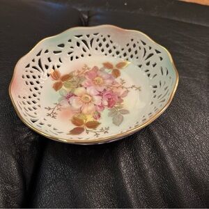 Vtg. Schumann Reticulated Candy Dish Bowl Floral Gold Trim Arzberg Germany